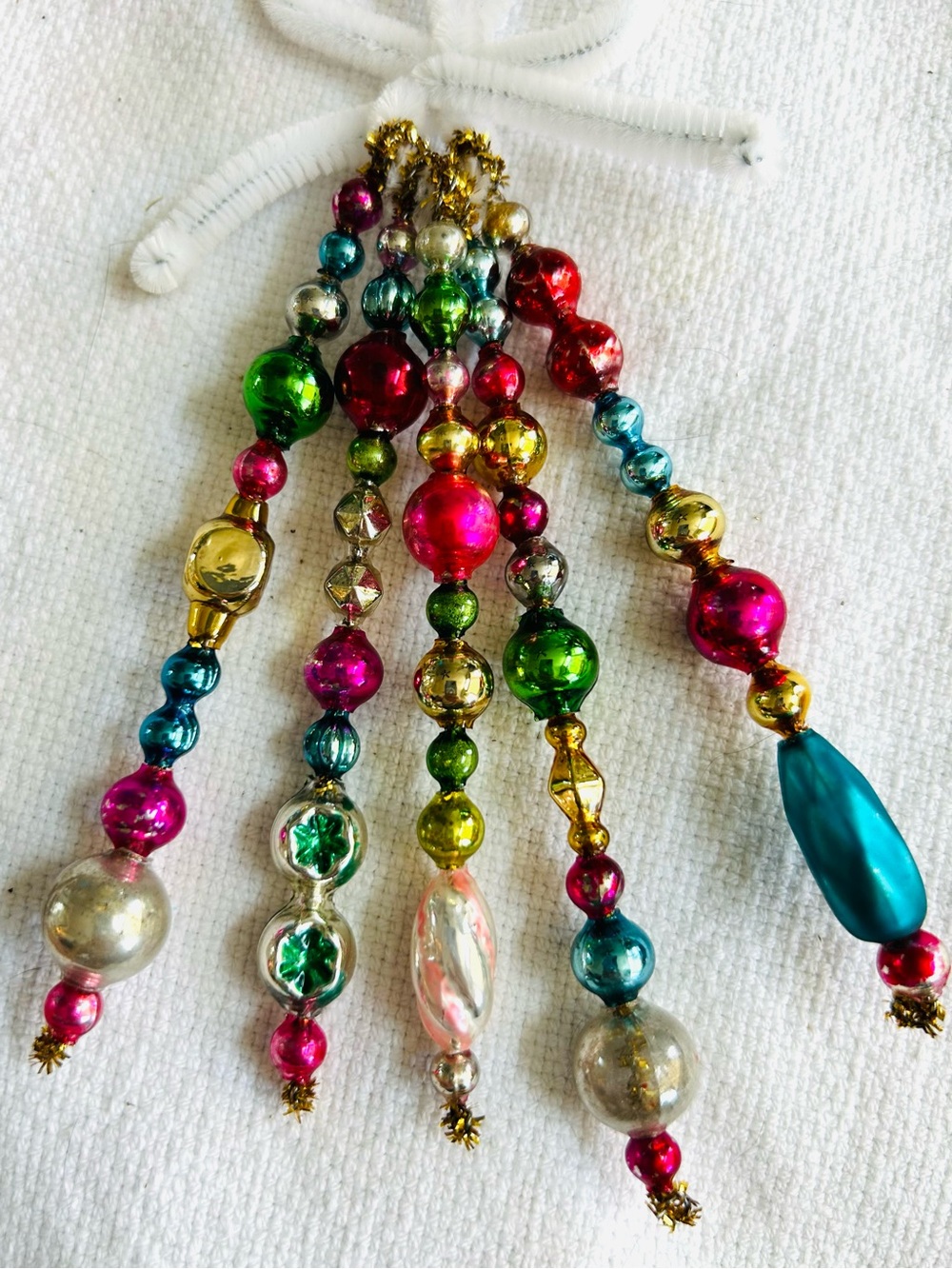 Mini Vintage Repurposed  holiday Christmas ornaments, mercury Glass bead icicle